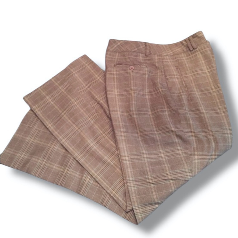 LARRY LEVINE Tan Plaid Flat Front Career Wear Pants